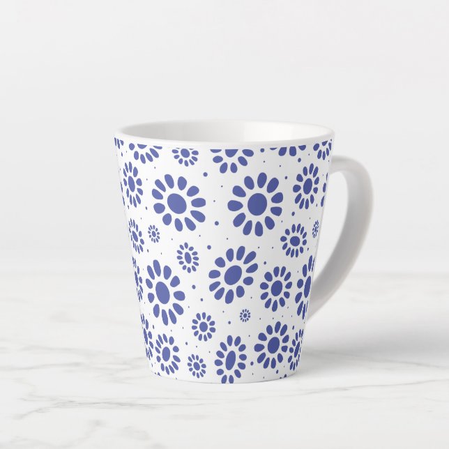 Pretty Blue White Abstract Daisy Pattern Latte Mug (Right Angle)