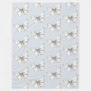 Pretty Blue White Butterfly Fleece Blanket