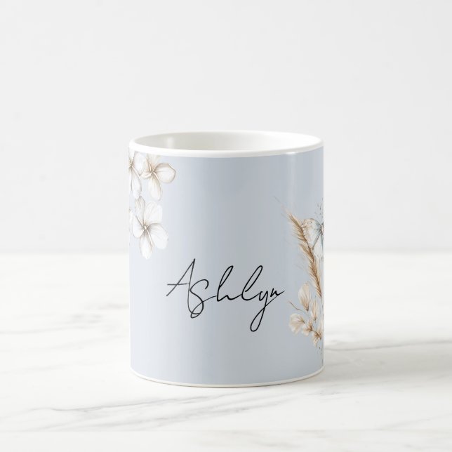 Pretty Blue White Butterfly Floral  Coffee Mug (Center)