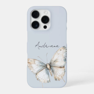 Pretty Blue White Butterfly Floral iPhone 16 Pro Case