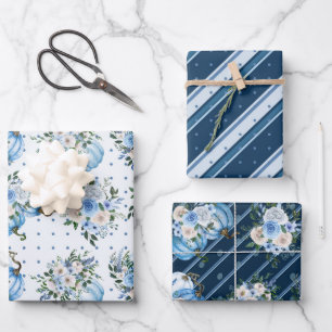 PRETTY BLUE & WHITE FALL PUMPKINS & FLOWERS WRAPPING PAPER SHEET