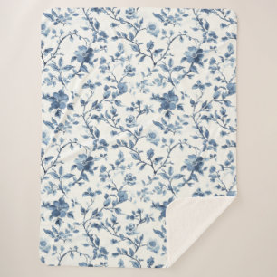 Pretty Blue White Floral Christmas Sherpa Blanket