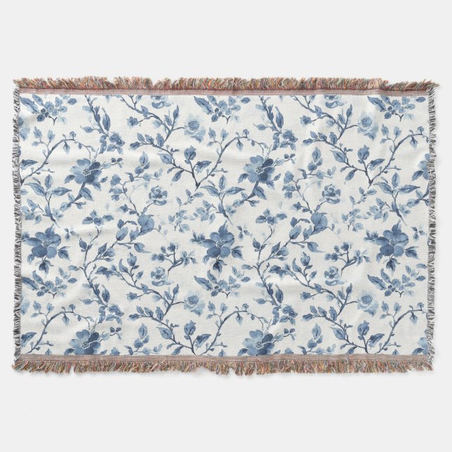Pretty Blue White Floral Christmas Throw Blanket (Front)