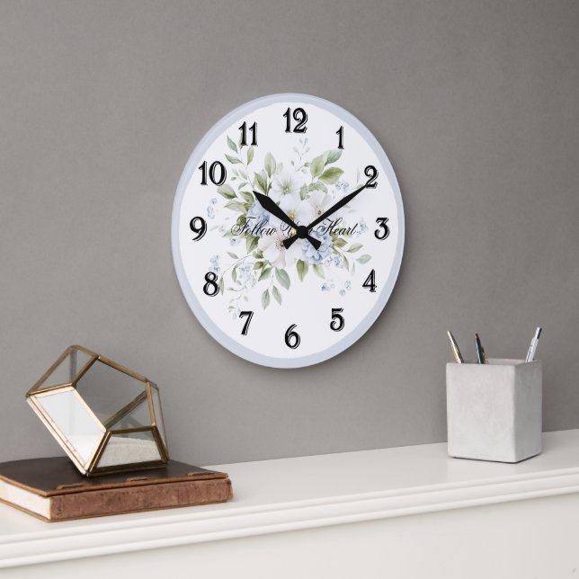 Pretty Blue White Floral Large Clock (Office)
