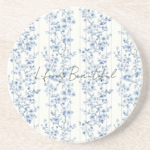 Pretty Blue White Floral Stripes Coaster
