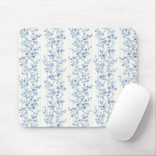 Pretty Blue White Floral Stripes Mouse Mat