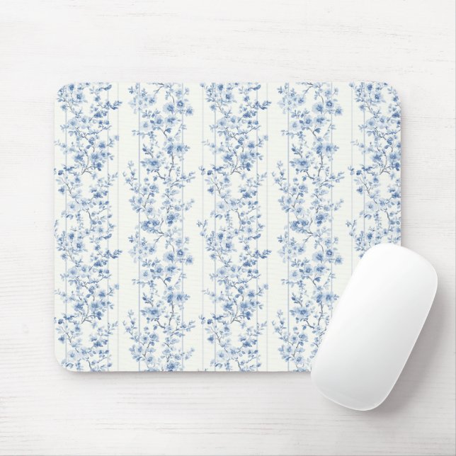Pretty Blue White Floral Stripes Mouse Mat (With Mouse)