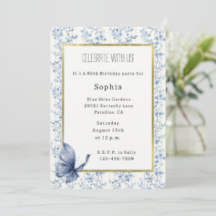 Pretty Blue White Flowers Butterfly Birthday Invitation