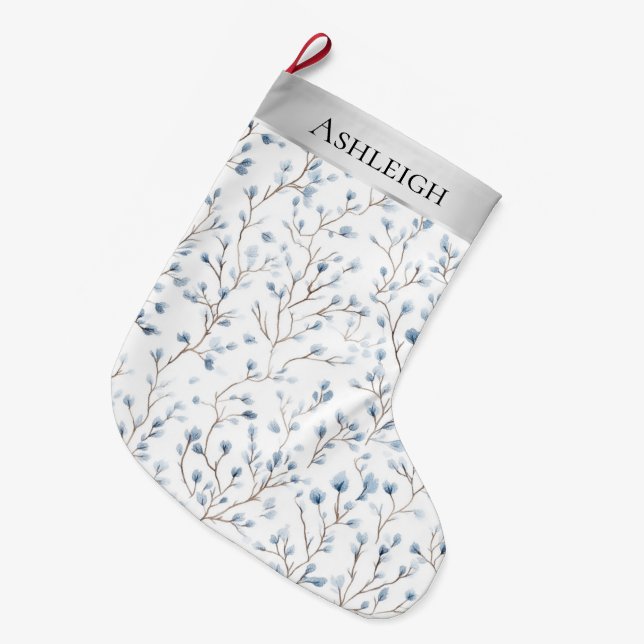 Pretty Blue White Flowers Christmas   Large Christmas Stocking (Front (Hanging))