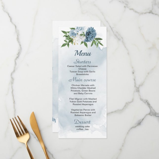 pretty blue white flowers greenery wedding menu (Front/Back In Situ)