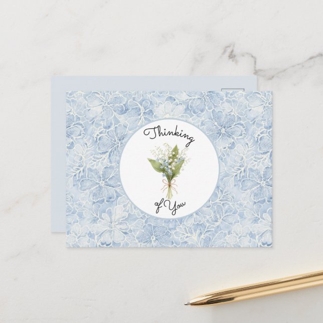 Pretty Blue White Flowers Thinking of you Postcard (Front/Back In Situ)