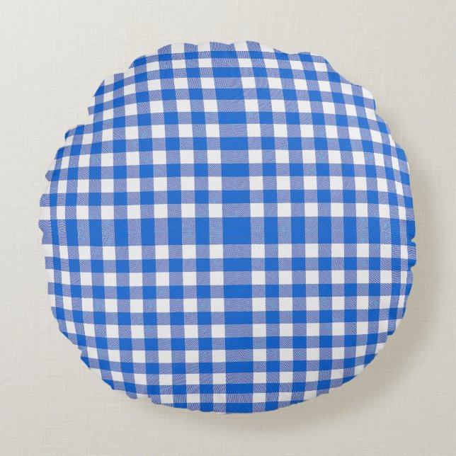 Pretty Blue White Gingham Design Round Cushion (Front)