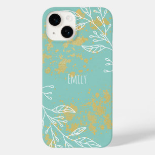 Pretty Blue White Gold Foil Personalised Floral Case-Mate iPhone 14 Case
