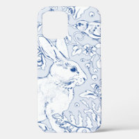 Pretty Blue & White Rabbit Bird Floral Leaf Sketch