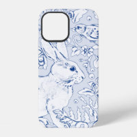 Pretty Blue & White Rabbit Bird Floral Leaf Sketch