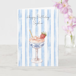Pretty Blue White Stripes Strawberry Birthday Card