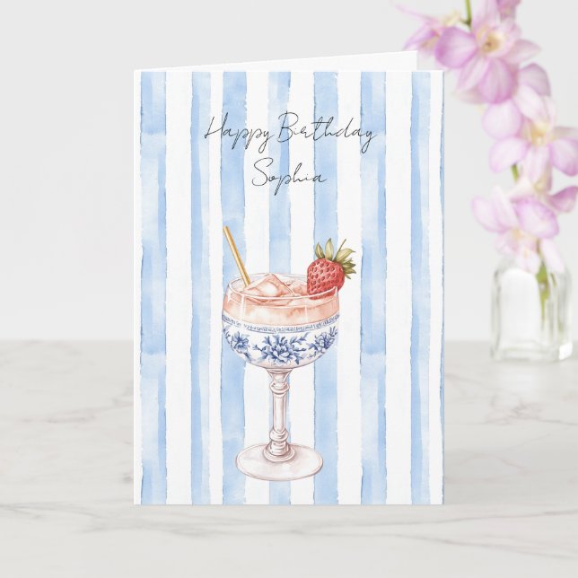 Pretty Blue White Stripes Strawberry Birthday Card (Orchid)