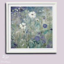 Pretty Blue & White Wildflower Watercolor Wall Art