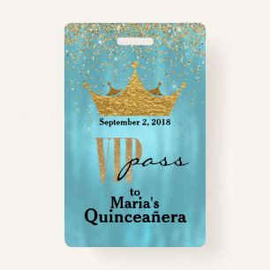 Pretty Blue with Gold Crown Quinceañera VIP Badge ID Badge