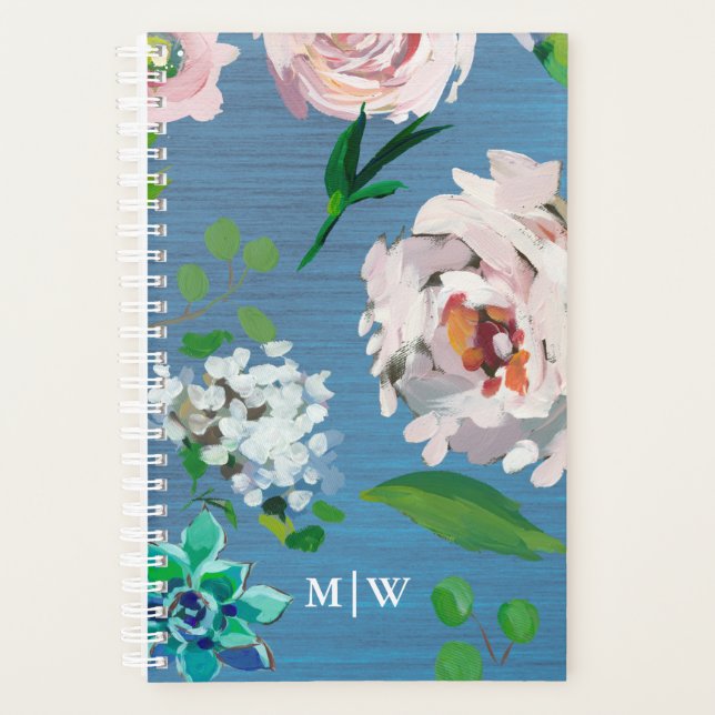 Pretty Blue with Pastel Floral Blooms Monogram Planner (Front)