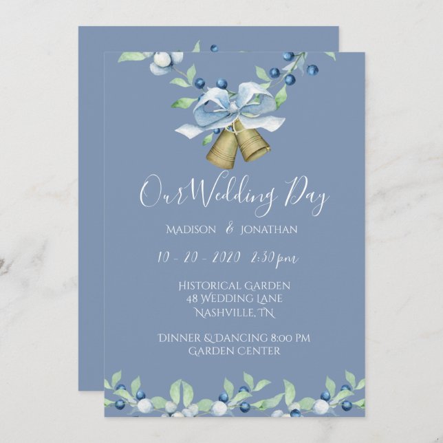 Pretty Blue Wreath Script Elegant Custom Wedding Invitation (Front/Back)