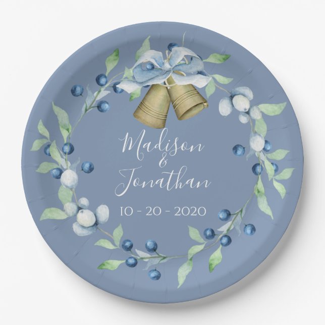 Pretty Blue Wreath Script Elegant Custom Wedding Paper Plate (Front)
