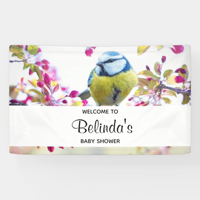 Pretty Blue & Yellow Bird on a Branch Baby Shower Banner (Horizontal)