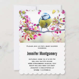 Pretty Blue & Yellow Bird on a Branch Baby Shower Invitation