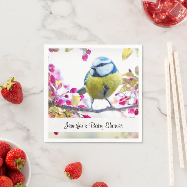 Pretty Blue & Yellow Bird on a Branch Baby Shower Napkin (Insitu)