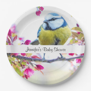 Pretty Blue & Yellow Bird on a Branch Baby Shower Paper Plate