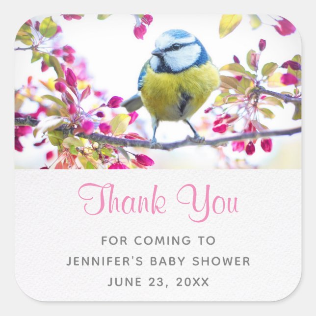 Pretty Blue & Yellow Bird on a Branch Baby Shower Square Sticker (Front)