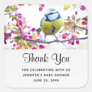 Pretty Blue & Yellow Bird on a Branch Baby Shower Square Sticker