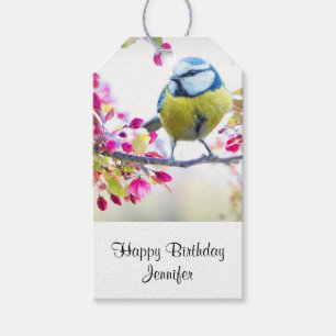 Pretty Blue & Yellow Bird on a Branch Birthday Gift Tags