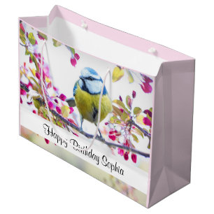 Pretty Blue & Yellow Bird on a Branch Birthday Large Gift Bag