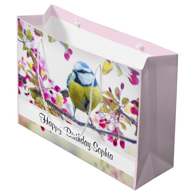 Pretty Blue & Yellow Bird on a Branch Birthday Large Gift Bag (Front Angled)