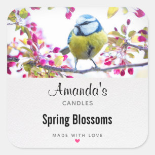 Pretty Blue & Yellow Bird on a Branch Candle Square Sticker