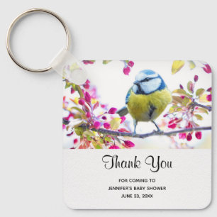 Pretty Blue & Yellow Bird on a Branch Party Favor Key Ring