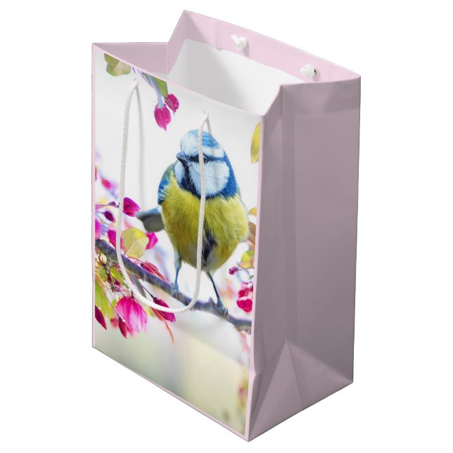Pretty Blue & Yellow Bird on a Branch Photo Medium Gift Bag (Front Angled)