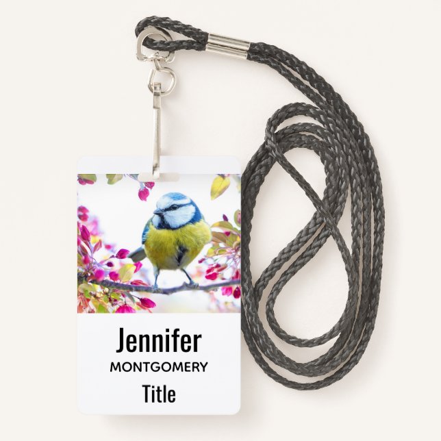 Pretty Blue & Yellow Bird on a Branch Photograph ID Badge (Front with Lanyard)