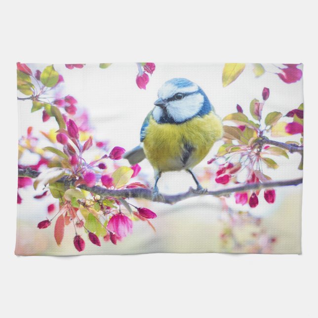Pretty Blue & Yellow Bird on a Branch Photograph Tea Towel (Horizontal)