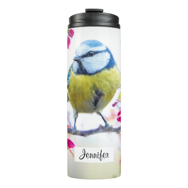 Pretty Blue & Yellow Bird on a Branch Photograph Thermal Tumbler (Front)