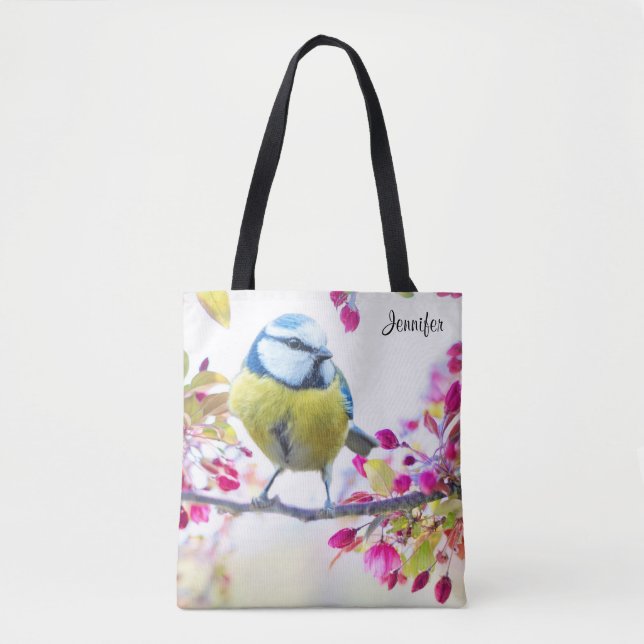 Pretty Blue & Yellow Bird on a Branch Photograph Tote Bag (Front)