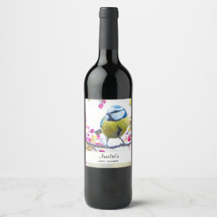 Pretty Blue & Yellow Bird on a Branch Photograph Wine Label