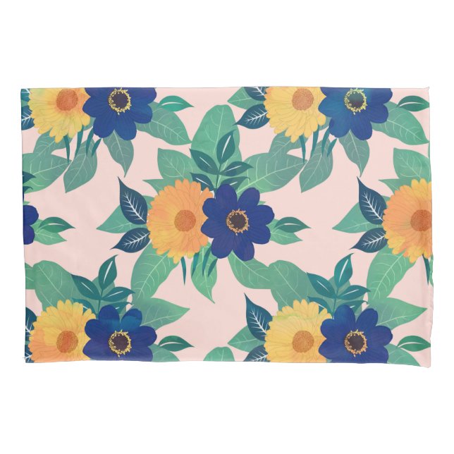 Pretty Blue Yellow floral and foliage pink Design Pillowcase (Front-Left)