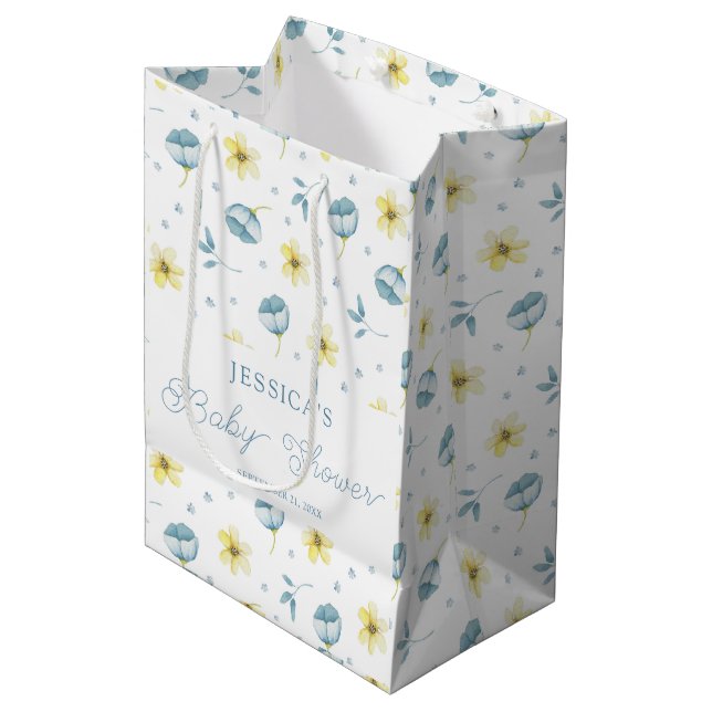 Pretty Blue Yellow Floral Baby Shower Medium Gift Bag (Front Angled)