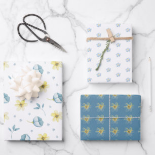 Pretty Blue Yellow Floral Baby Shower Wrapping Paper Sheet