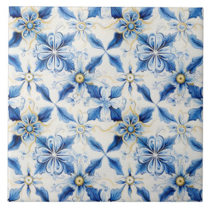 Pretty Blue & Yellow Floral Mediterrean Ornate Tile