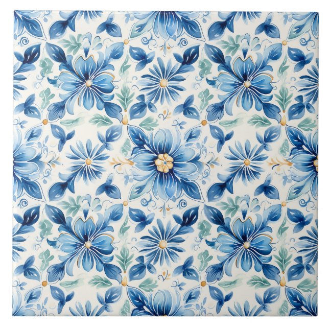 Pretty Blue & Yellow Floral Mediterrean Tile (Front)