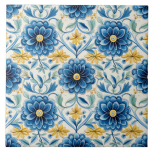 Pretty Blue & Yellow Floral Vintage Tile