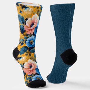 Pretty Blue Yellow Orange Patterns Odd Mismatched Socks